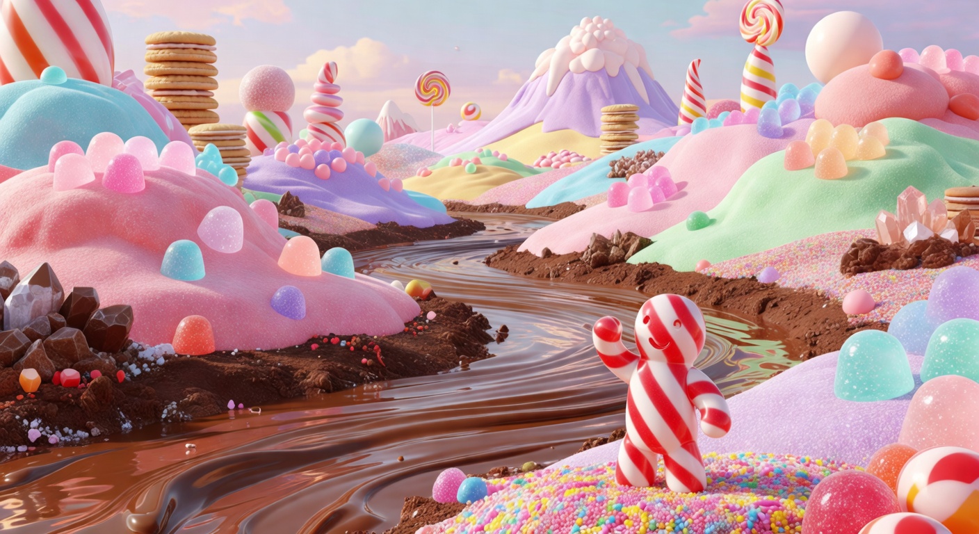Colorful candy land 3D landscape with sweet fantasy world chocolate river and bright candy hills pastel game background